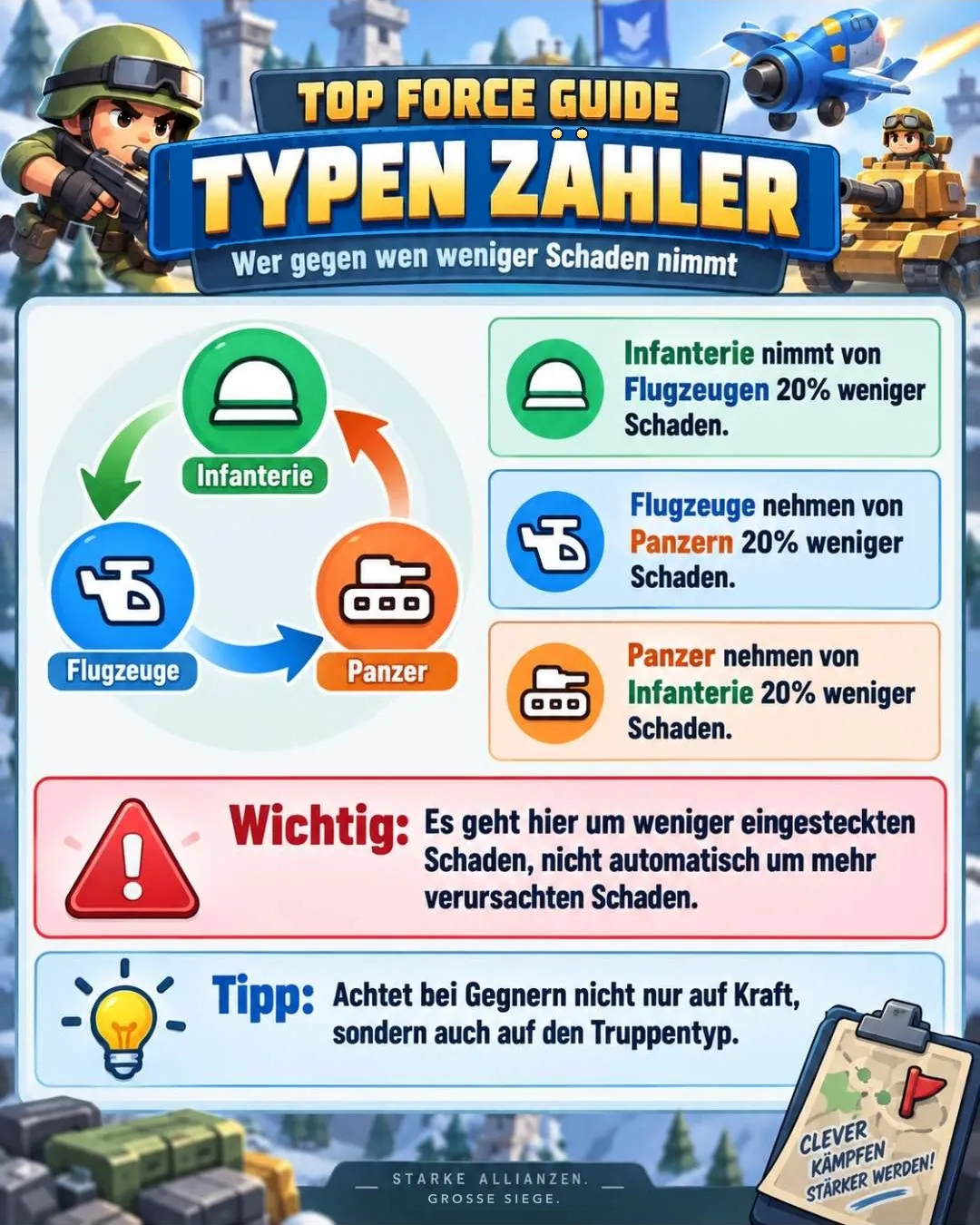 Grafik Typen-Zähler: Infanterie nimmt von Flugzeugen 20 % weniger Schaden, Flugzeuge von Panzern 20 % weniger, Panzer von Infanterie 20 % weniger.
